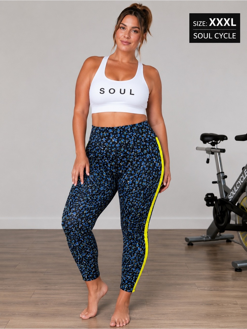 soulcycle Navy Floral Leggings with Neon Yellow Side Stripe